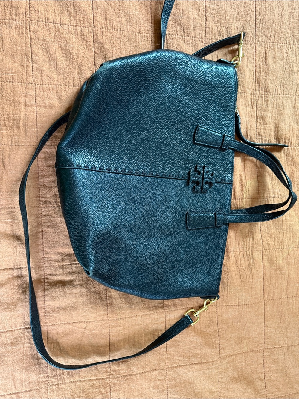 Tory Burch Black Pebbled Leather Tote with Logo Detail